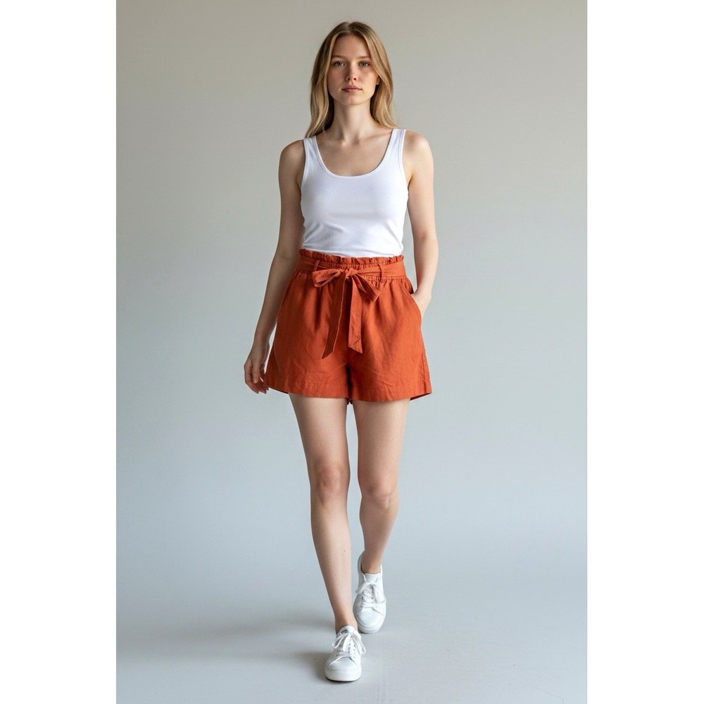 LOFT Outlet Women's High Rise Paperbag Tie Waist Linen Shorts Orange L